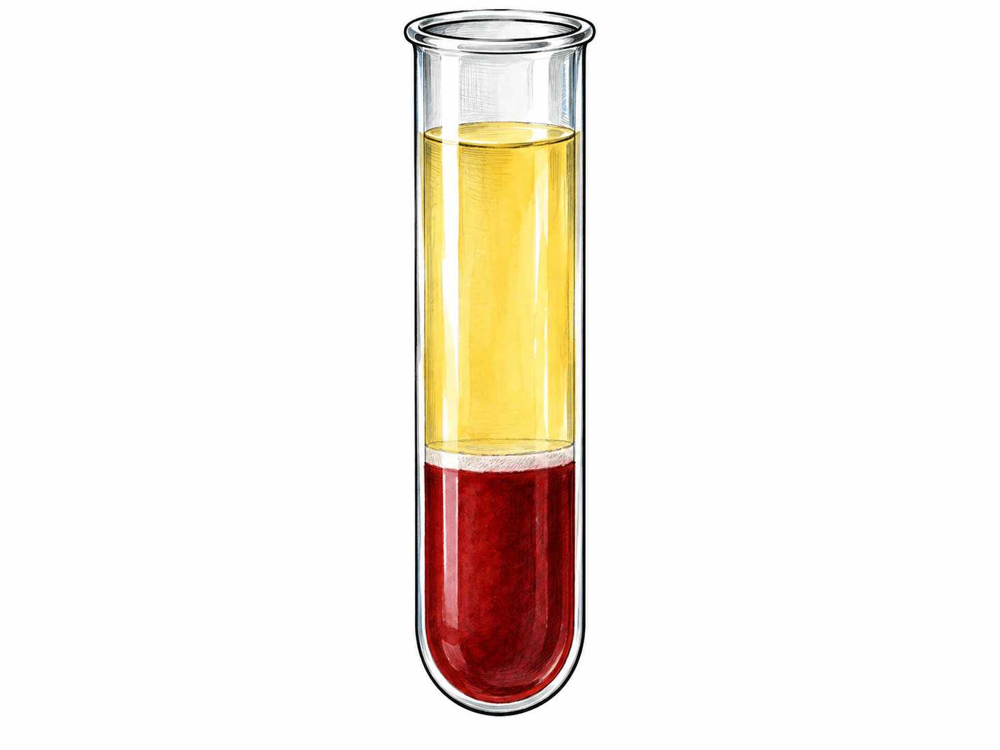 A clear laboratory test tube contains separated blood components: large pale straw-yellow plasma layer above a very thin pale interface and lower dark red cell layer; no labels, gore or needle.
