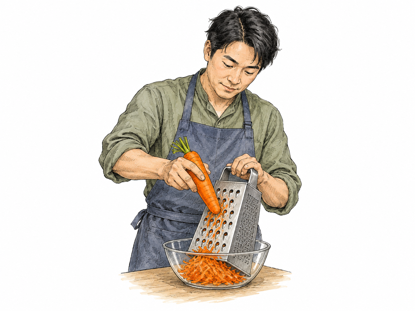 Cook rubs a carrot against box grater, visible orange shreds collect below, fingers clear of sharp surface.
