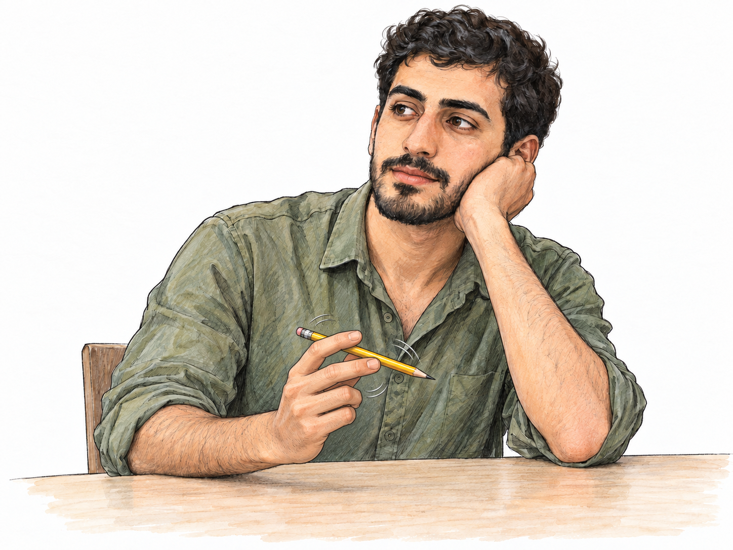 A bored seated man idly rolls a pencil between his fingers while resting his cheek in his other hand and looking away, with no writing task in progress.