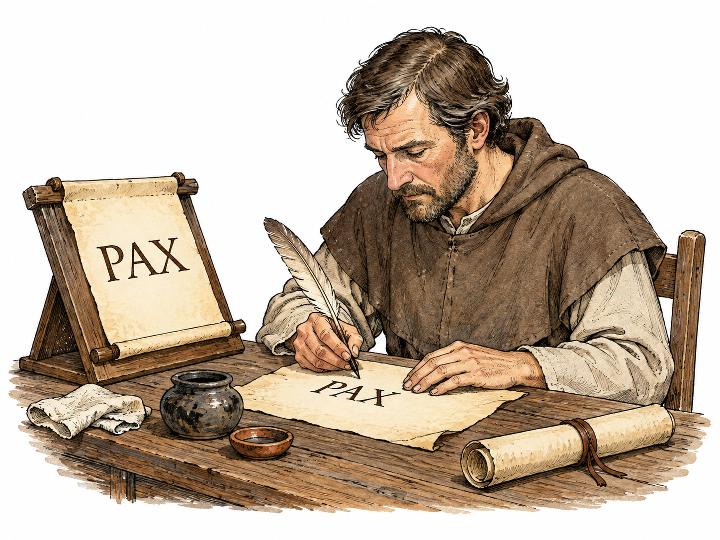 A medieval scribe copies the brief functional Latin word PAX by hand from one parchment to another with a quill, coherent tools and period plain garment, no other text.