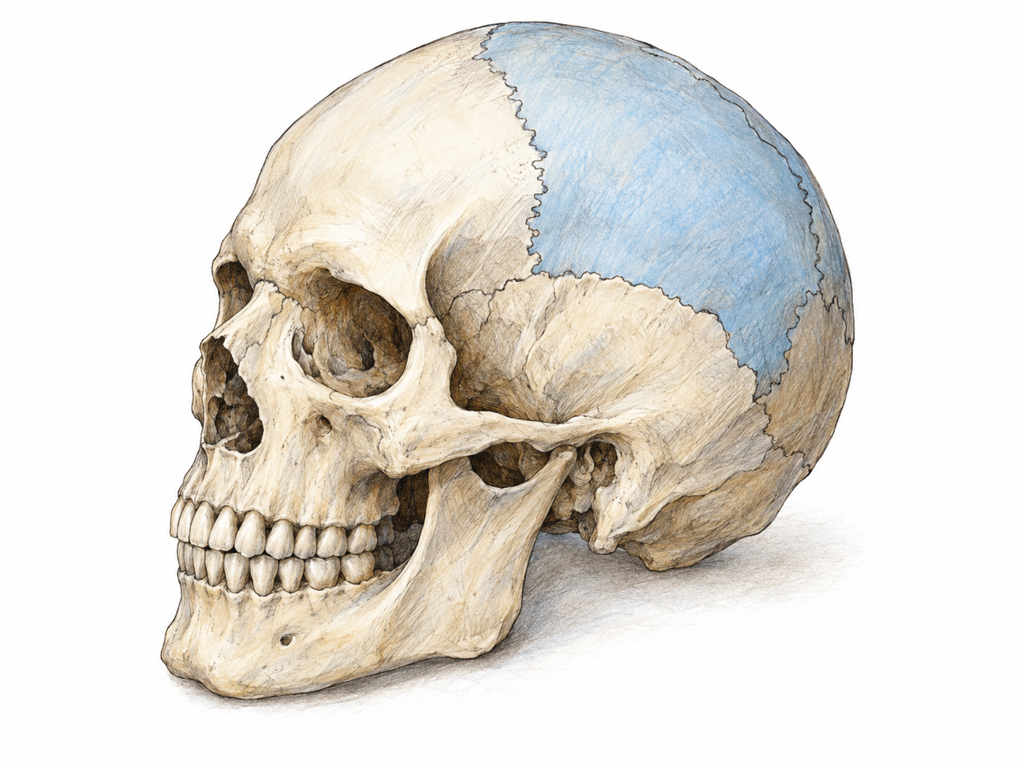 A single anatomically accurate adult human skull in three-quarter lateral view, with the visible parietal bone subtly tinted to emphasize the bone forming the upper side of the skull.