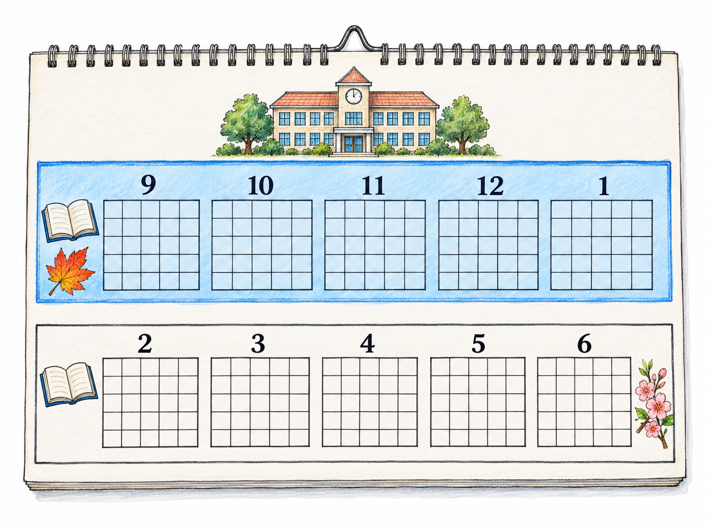 An open academic-year wall calendar organizes the school year into two matching five-month term bands.