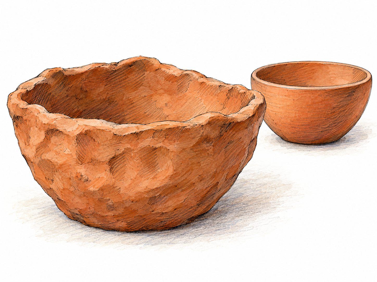 A crudely handmade clay bowl beside a small, smoothly finished bowl: the dominant rough bowl has a lumpy wall, uneven rim, visible finger impressions, and an awkward asymmetrical shape.