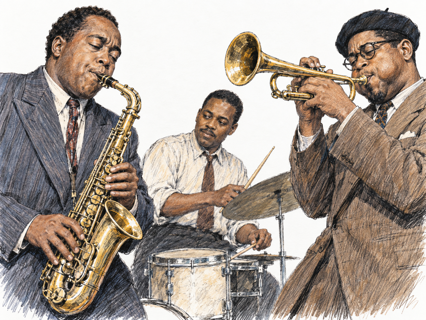 A historically grounded, illustrative late-1940s bebop performance centered on Charlie Parker playing alto saxophone and Dizzy Gillespie playing trumpet, supported by a drummer working the ride cymbal and snare.