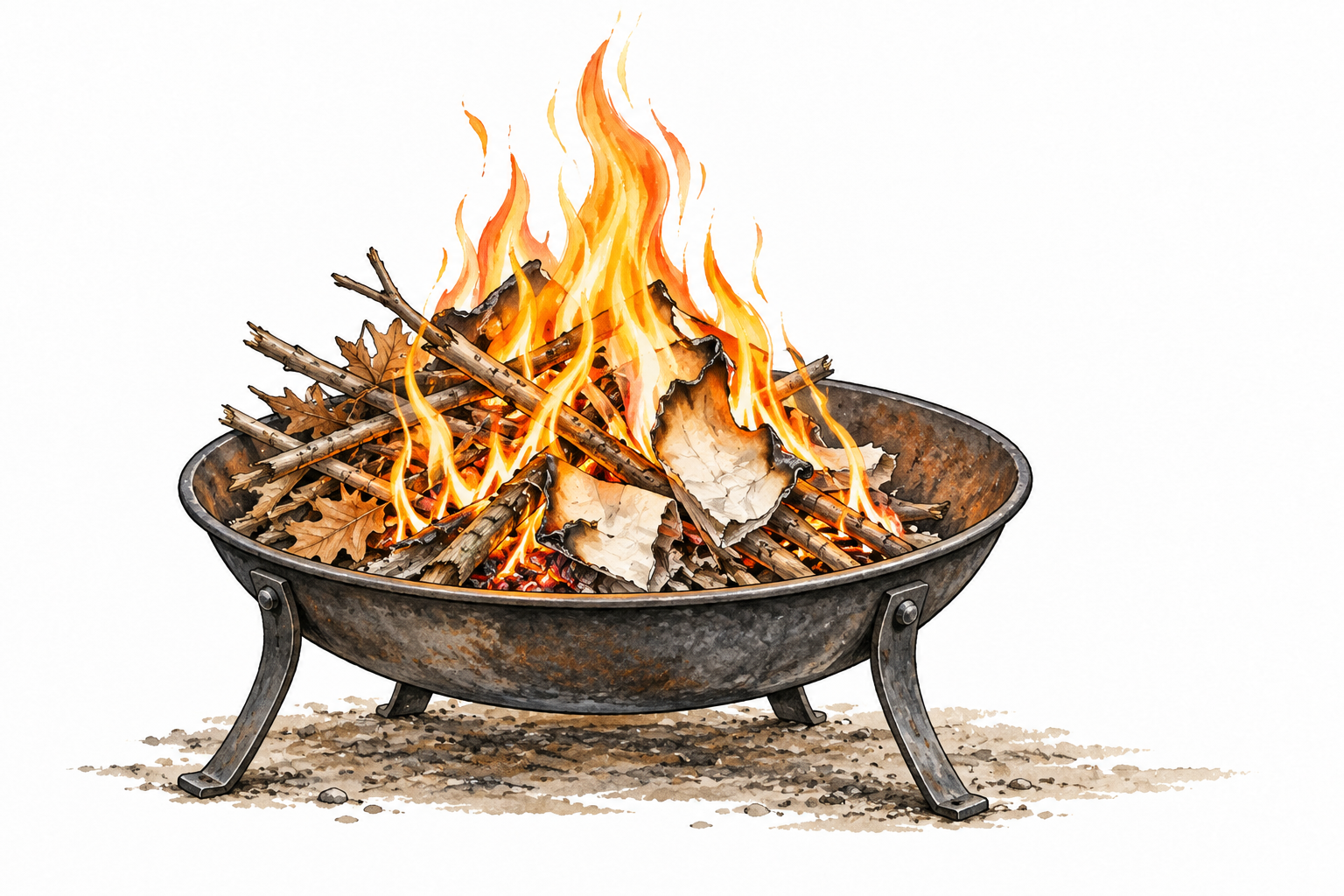 Dry twigs and paper readily burning in contained metal fire bowl.