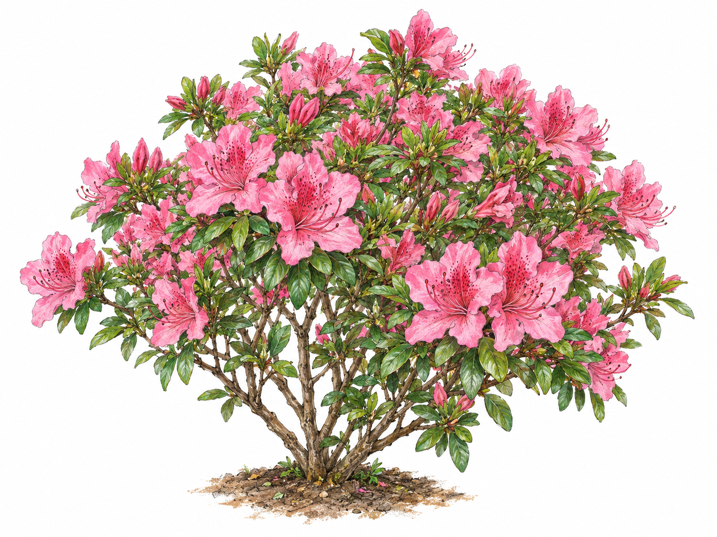 A single flowering azalea shrub, with visible woody branching, small green leaves, and dense clusters of bright pink funnel-shaped flowers.