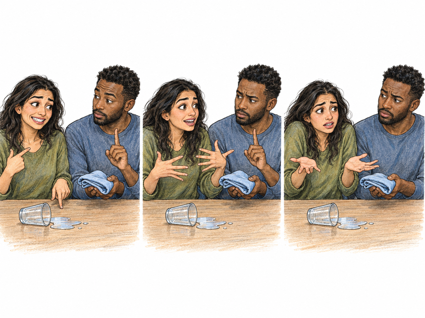 A flustered adult babbles over a small spilled drink: a compact three-beat sequence shows her continuing to talk with rapidly changing, disproportionate gestures while her companion repeatedly tries to interrupt and simply offers a cloth.