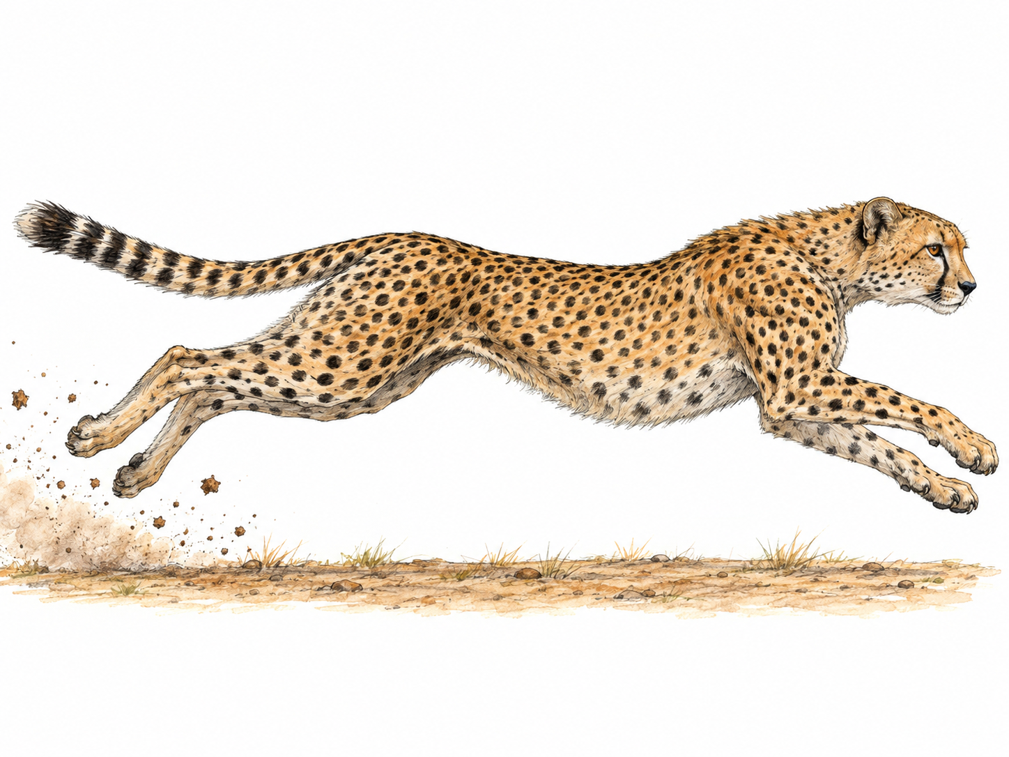A cheetah racing across a sparse patch of ground in a fully extended airborne sprint, with kicked-up dust emphasizing rapid movement.