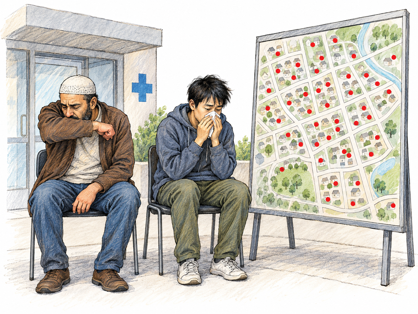 A simple modern community-health scene: two visibly unwell residents sit apart outside a small clinic, while a prominent, text-free neighborhood map shows disease cases distributed across many residential blocks, making the community-wide outbreak clear.