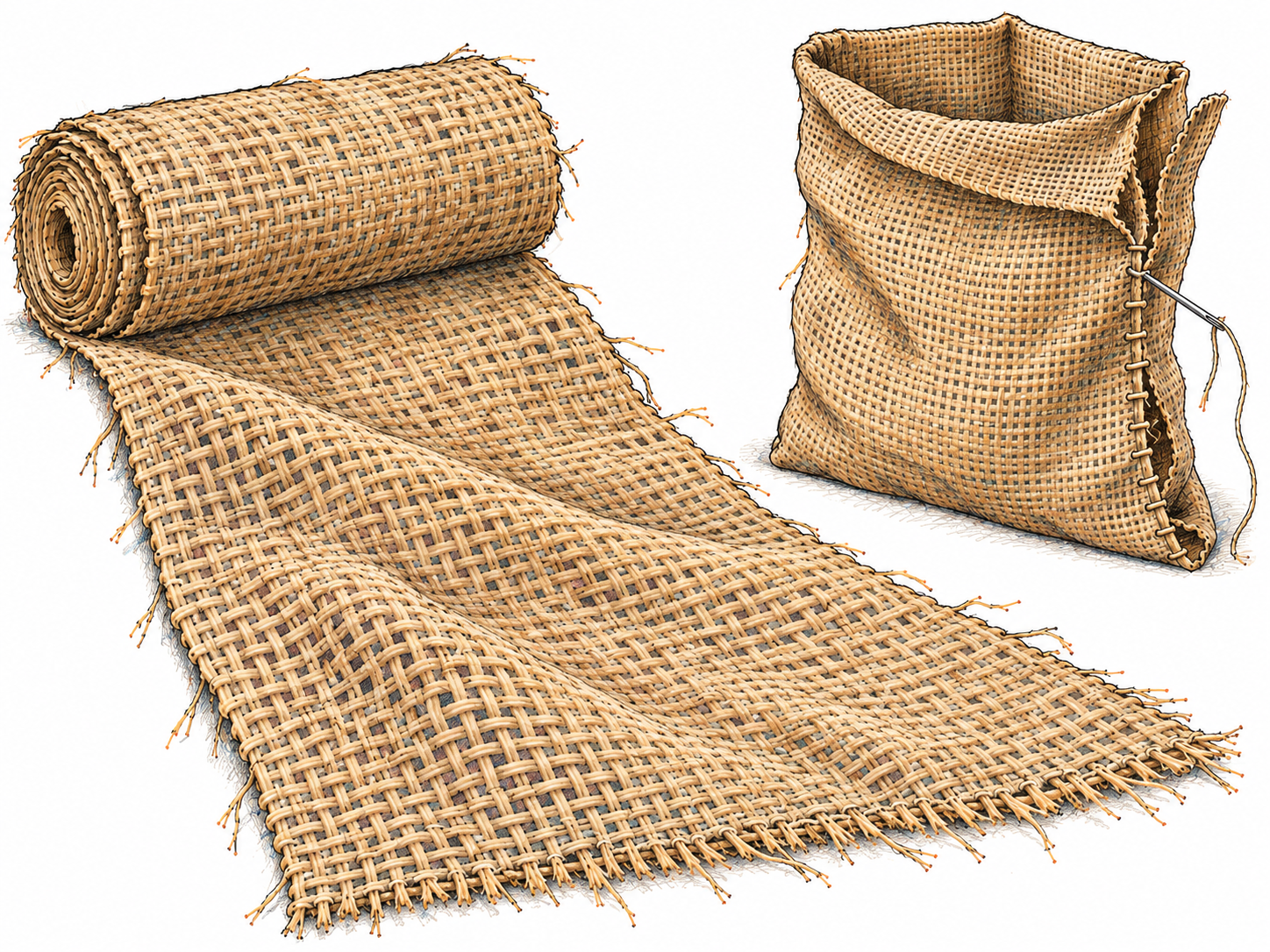 A roll of coarse tan sackcloth unfurls across the foreground toward a partially sewn, flat sack, making both the raw fabric and its use in sackmaking visible.