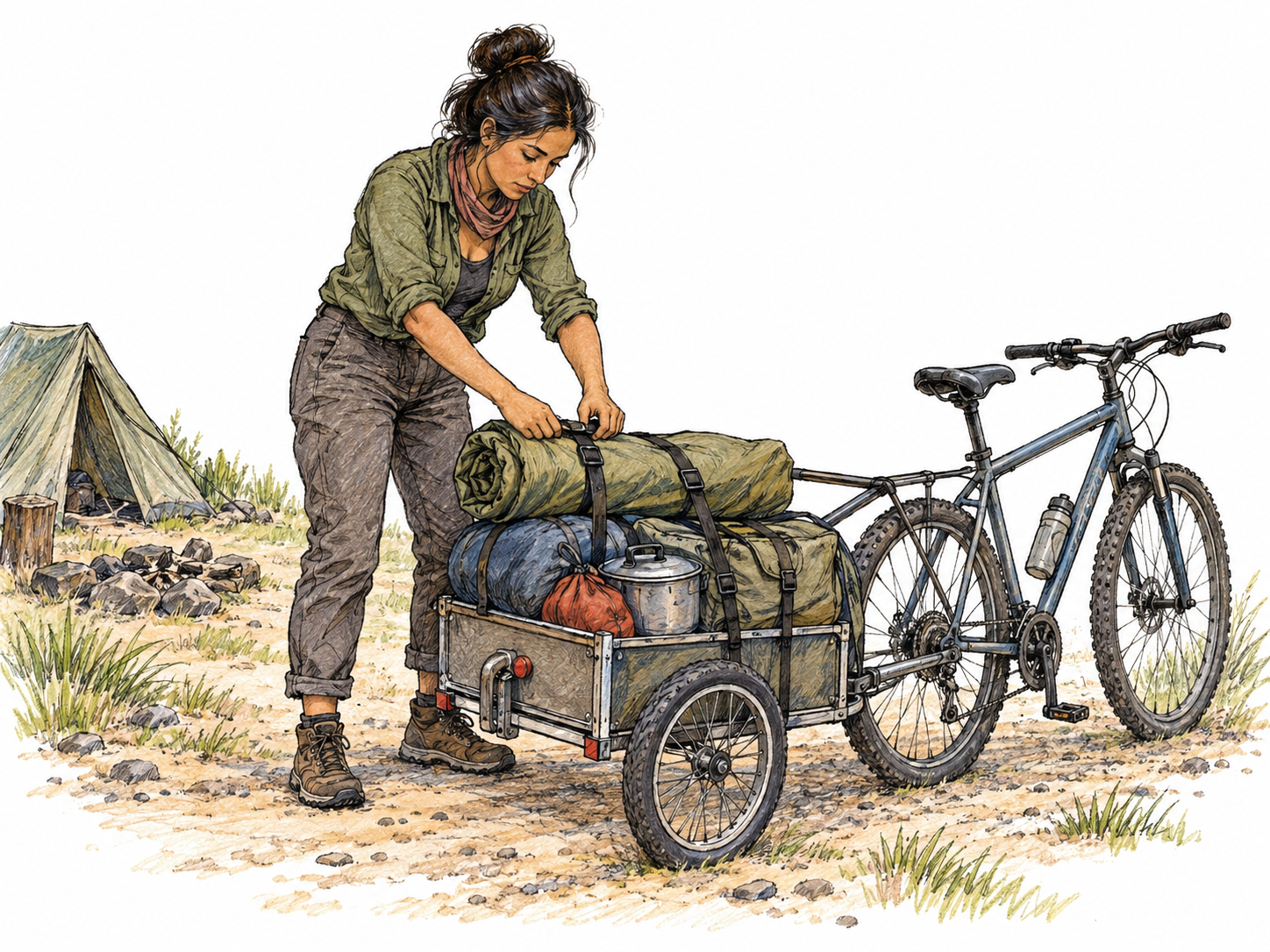 A modern nomad packs her portable home into a well-used bicycle trailer before moving on: a rolled tent, bedroll, cooking pot and compact bags make her mobile living arrangement concrete.