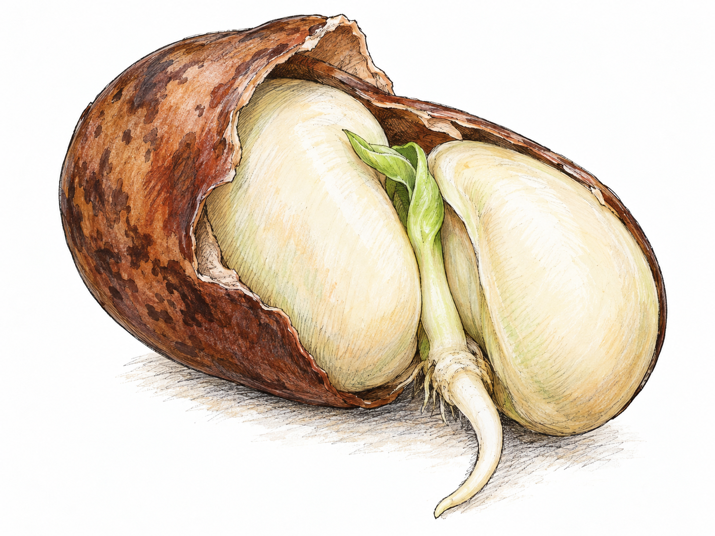 An enlarged germinating bean with its seed coat partly peeled back, exposing two thick food-storing cotyledons cradling the tiny developing shoot; a short root emerges below.
