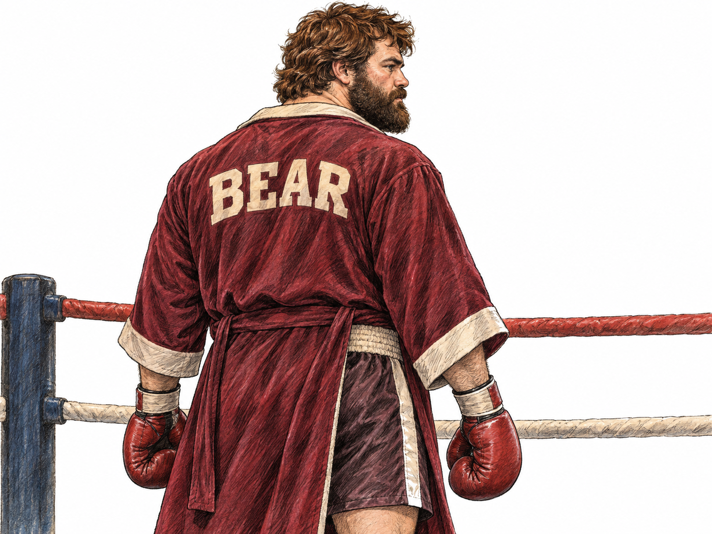 A boxer's descriptive ring nickname embroidered on his robe: a broad, heavily built, shaggy-bearded boxer wearing a robe marked BEAR.
