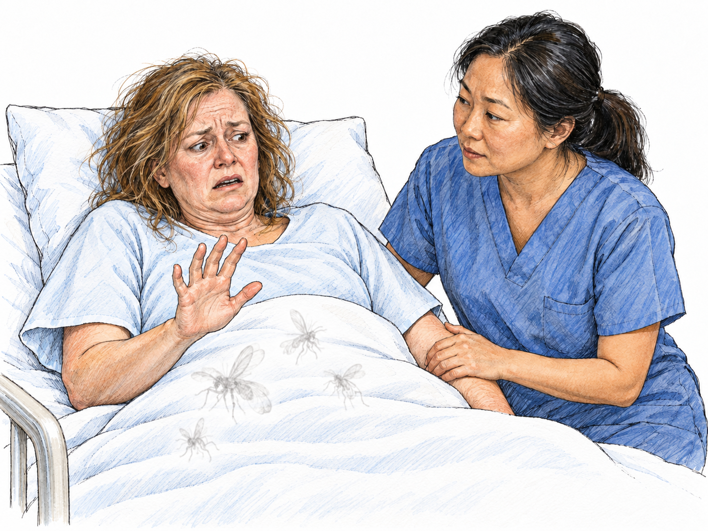 An agitated hospital patient recoils from faint, unreal insects above her blanket while a nurse gently steadies her.