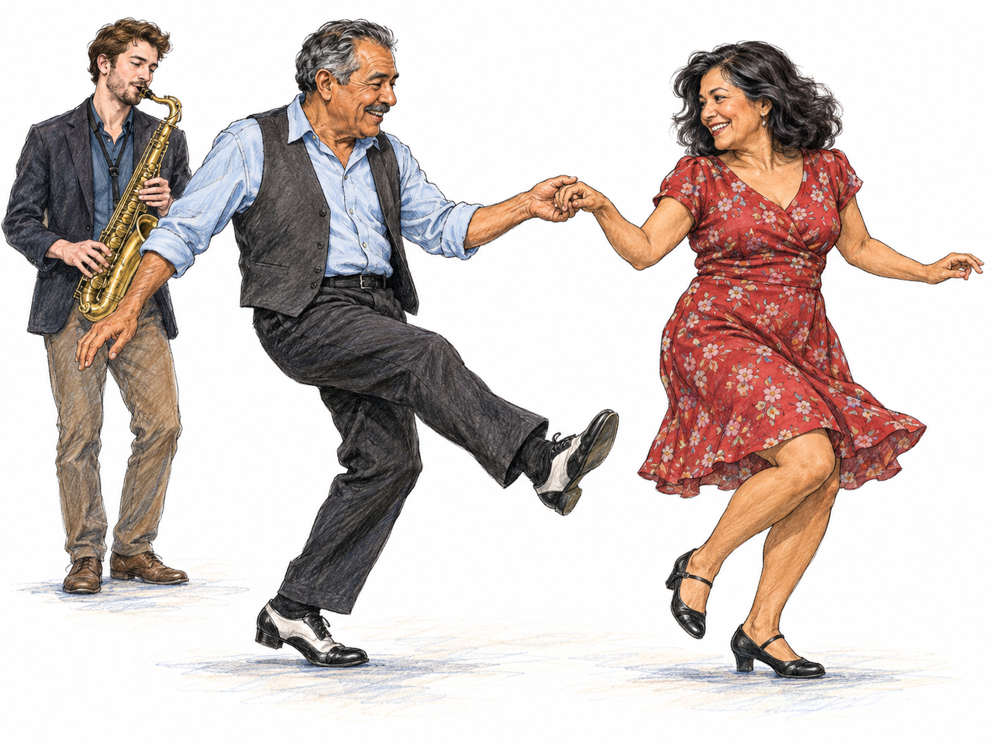 An older adult dance pair performs an energetic partnered jive: springy bent knees, a low flick-kick, and an open one-hand connection, with a saxophonist providing a compact live-swing cue.