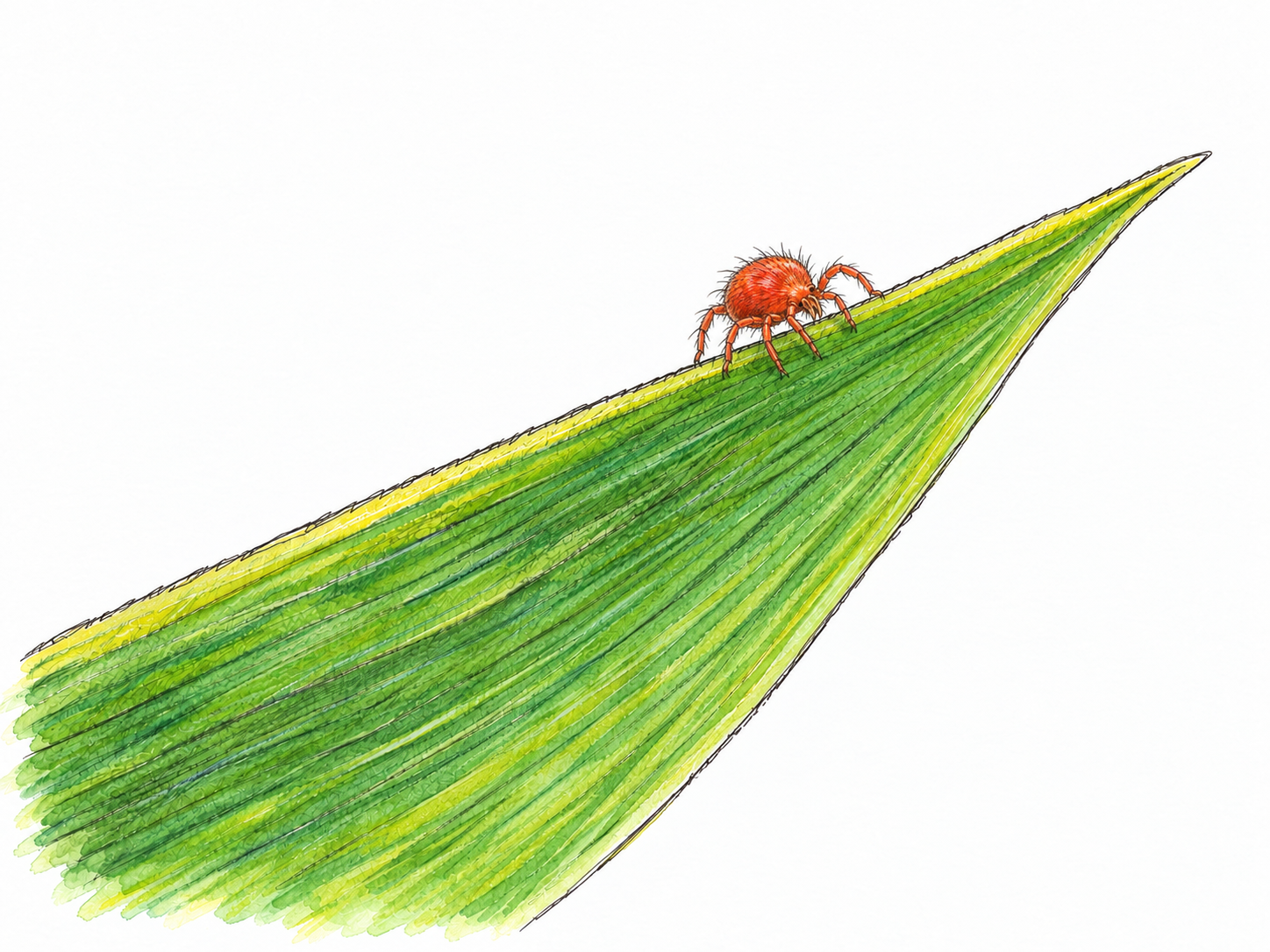 A magnified close view of a tiny reddish-orange chigger larva clinging to the edge of a grass blade, its six legs clearly drawn.