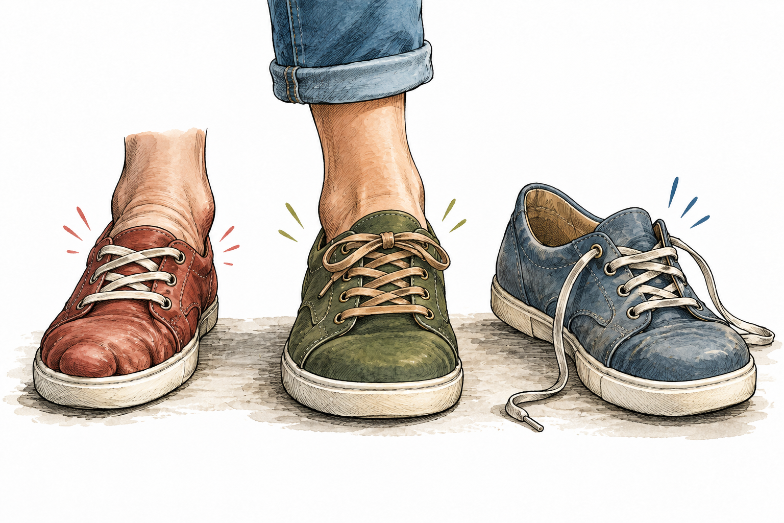 A correctly sized comfortable shoe fits a foot perfectly beside two visibly ill-fitting alternatives, perfectly suited.