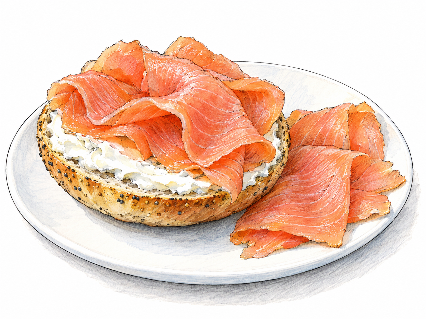 Thin, moist coral-pink slices of lox folded over cream cheese on an open bagel, with several additional translucent slices on the same plain plate.