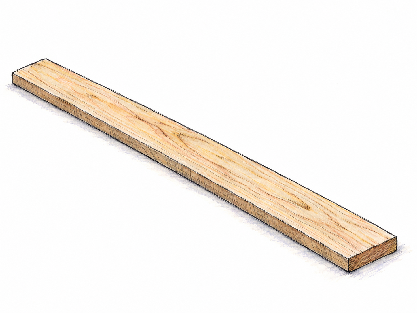 A single narrow, flat wooden slat shown diagonally in three-quarter view, with its broad face, thin edge, and squared ends clearly visible.