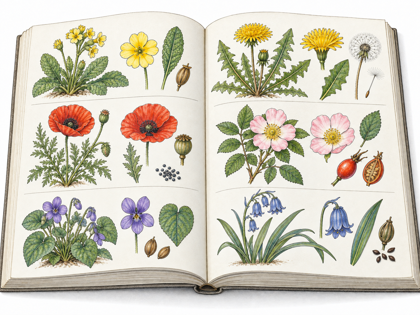 A slim, open botanical reference volume gathers many plants into compact, orderly entries, each pairing a whole-plant drawing with small leaf, flower, and seed diagrams.