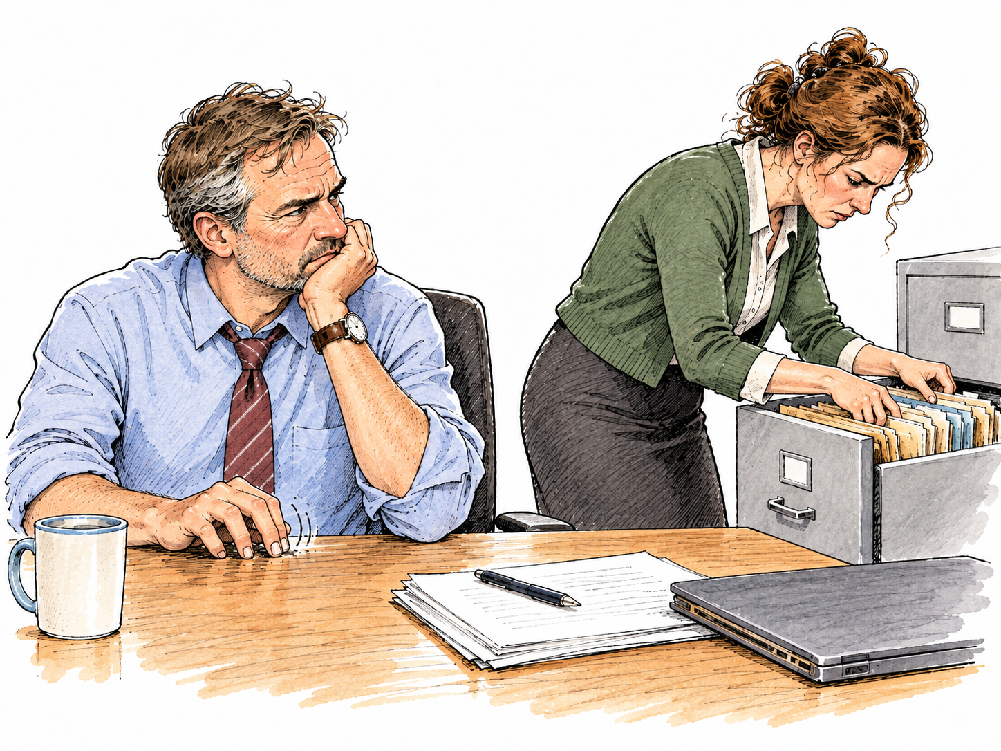 A middle-aged white office worker impatiently frowns and taps fingers while a colleague searches a drawer, irritated rather than violent, no text.