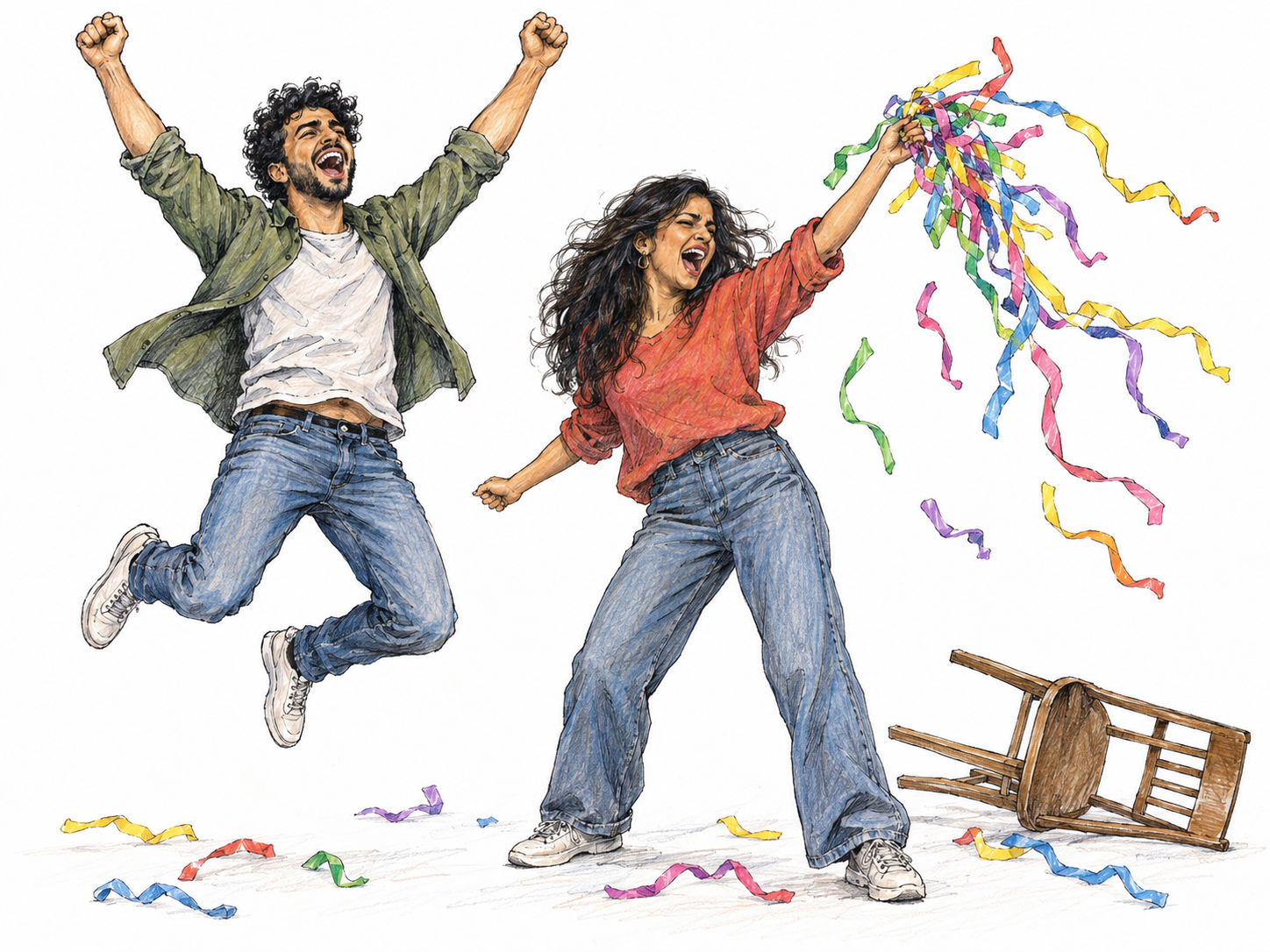 Two young adults in a riotous burst of celebration, shouting and jumping beside an overturned chair as party streamers fly.