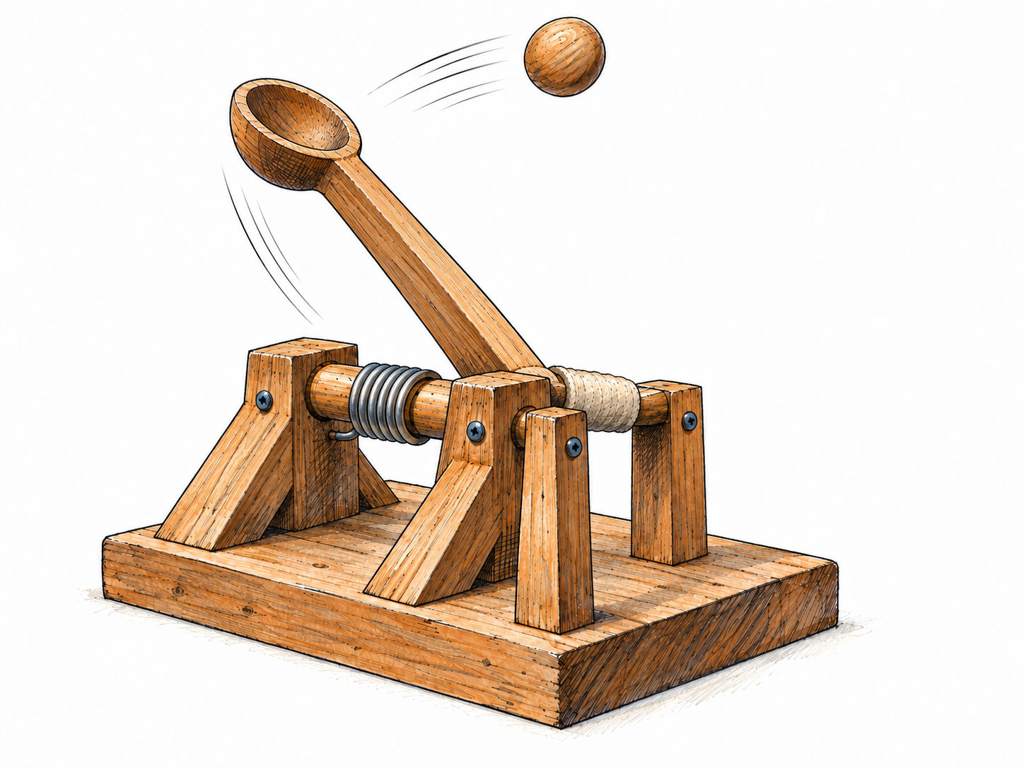 An isolated tabletop spring catapult caught just after launching a small wooden ball, with its raised throwing cup and the airborne ball clearly visible.
