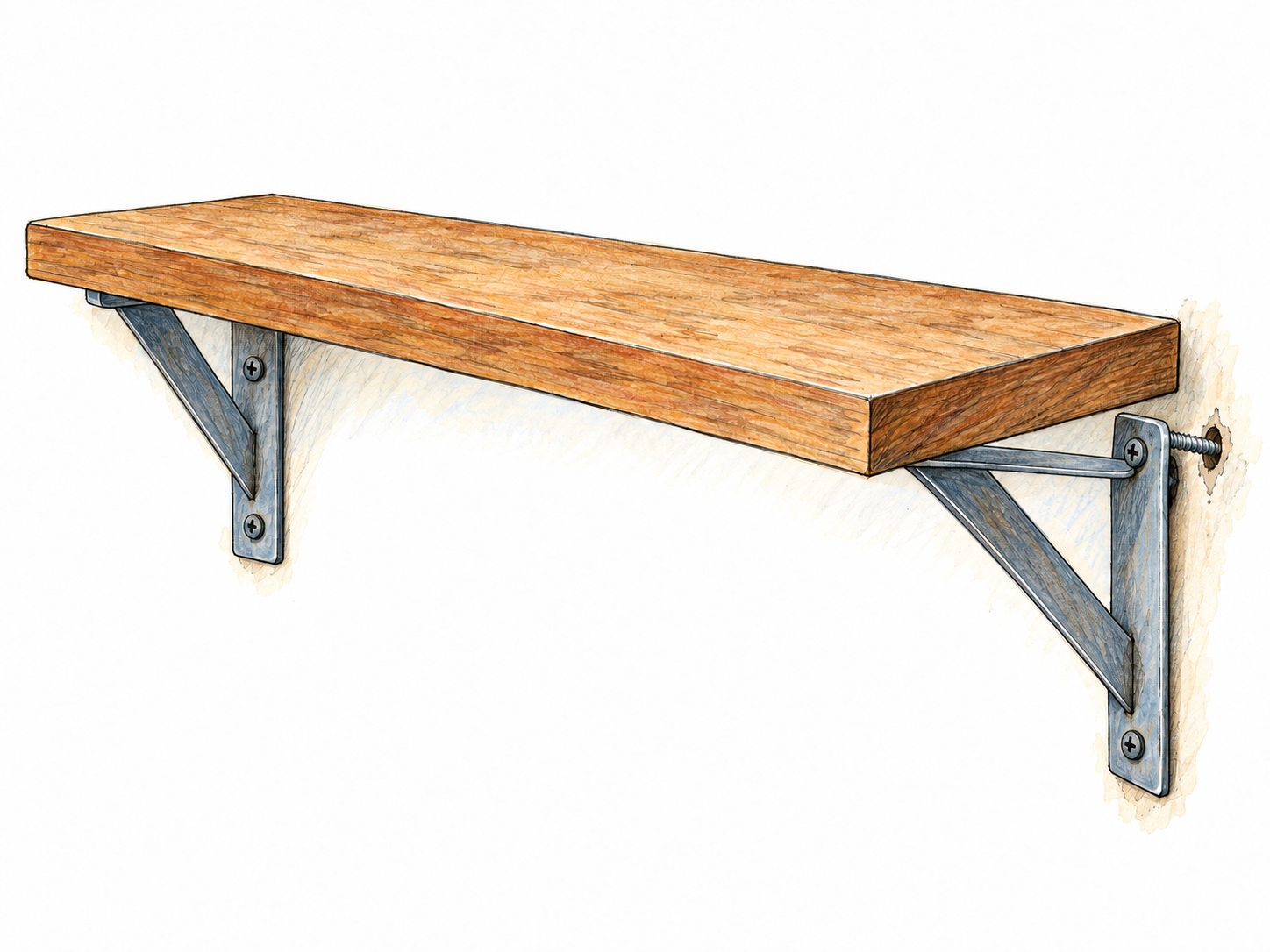 A loose shelf bracket pulling away from a wall, leaving the empty shelf visibly tilted and insecurely fixed.