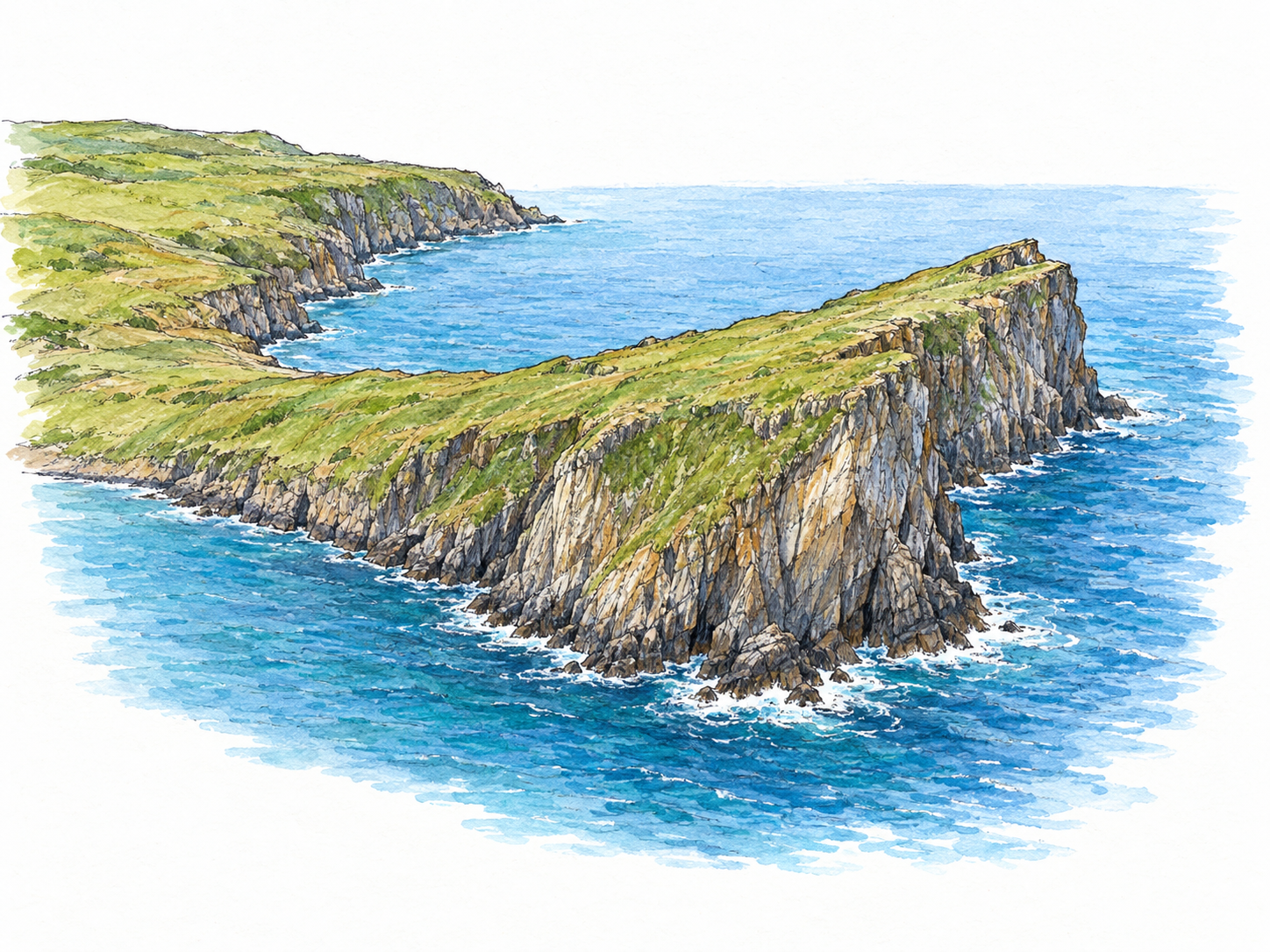 An elevated rocky headland extends from a clearly connected mainland into blue water, with steep cliffs and water wrapping around its projecting tip.