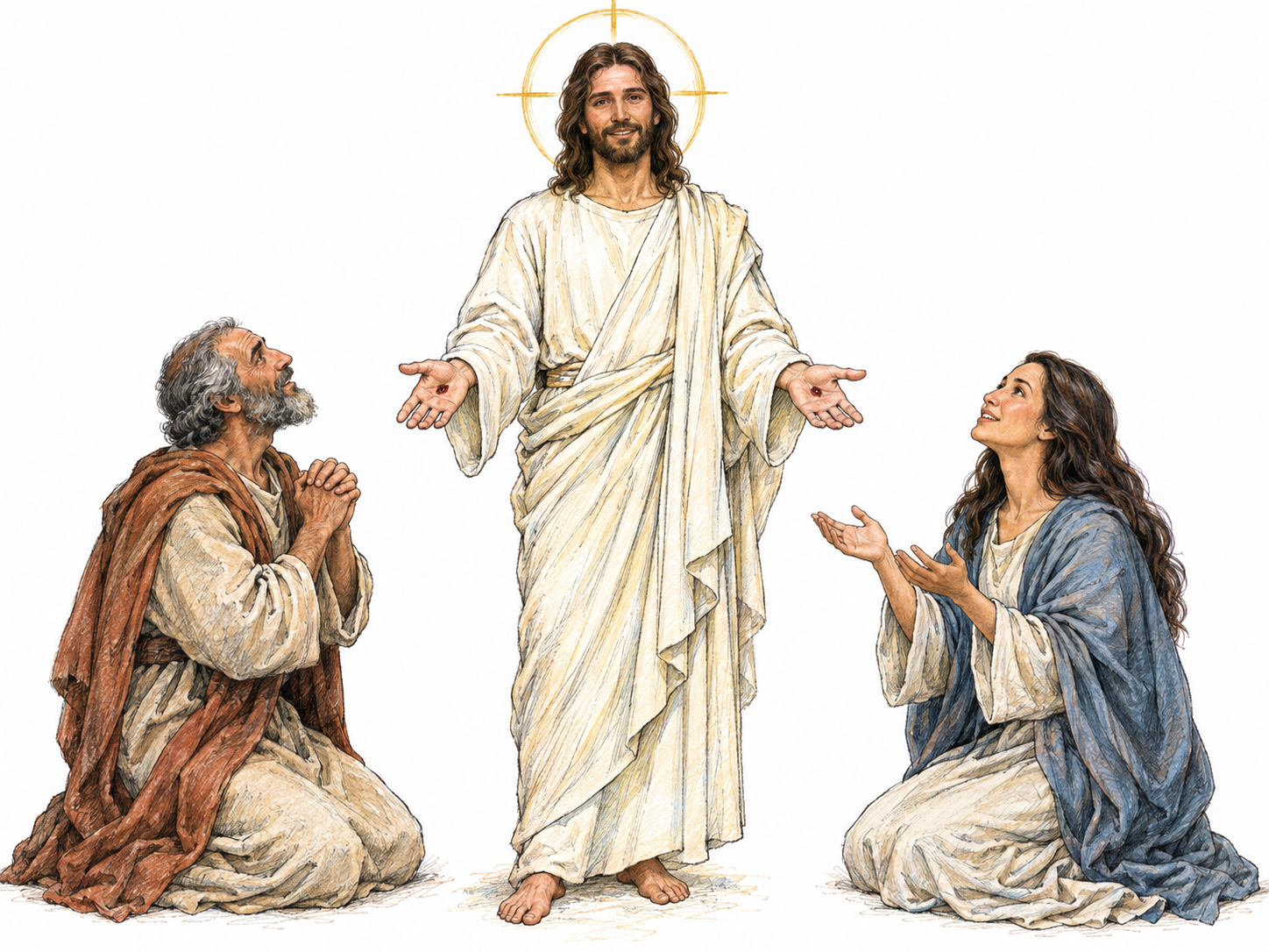 A Christian devotional depiction of the risen Jesus as a savior figure: he displays the small wounds in his open hands while two kneeling followers look toward him with fervent hope.