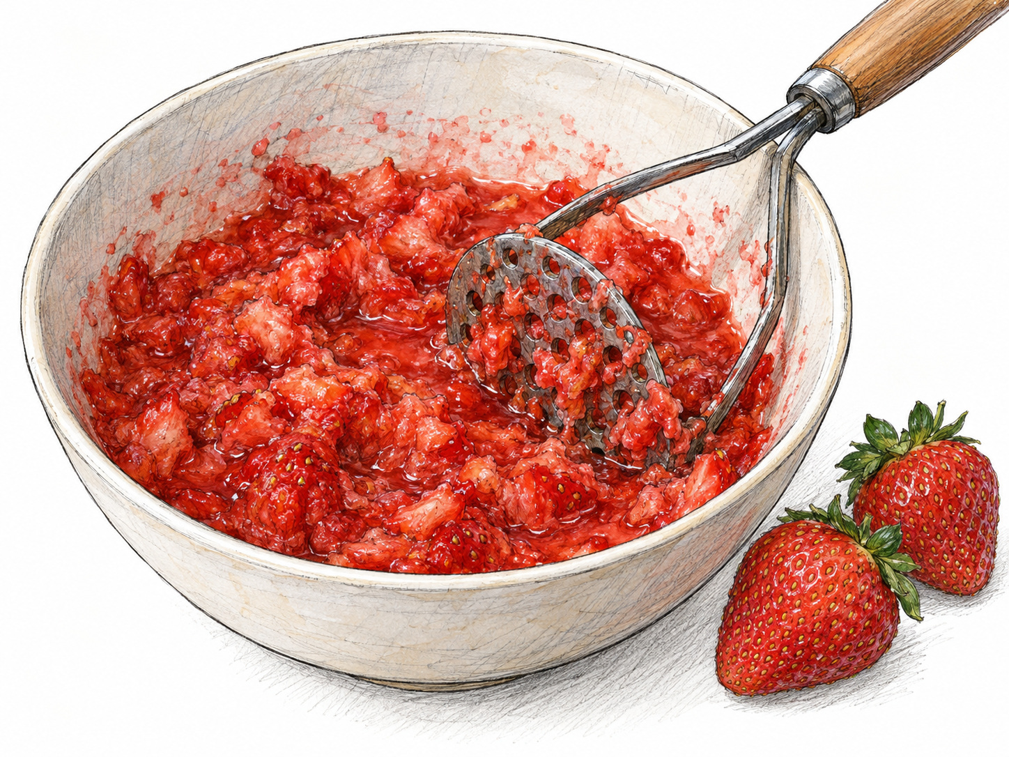 A shallow bowl of freshly crushed strawberries, showing a soft, wet, irregular mass with visible fruit fibers and juice; a resting potato masher and two intact strawberries clarify the crushed material.