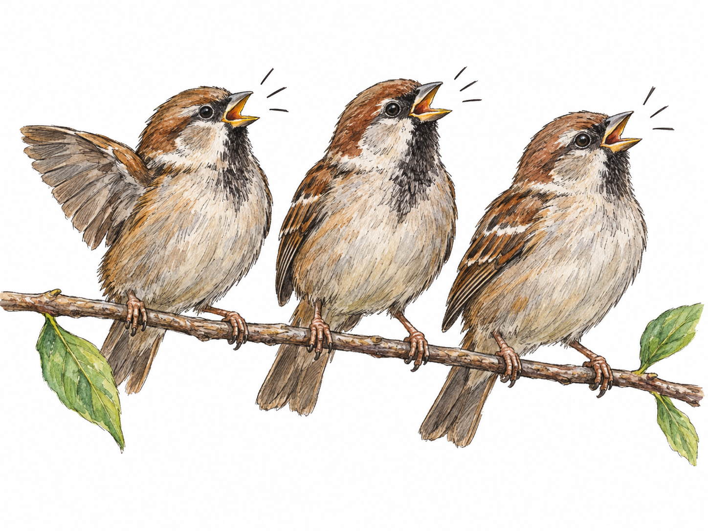 Three small songbirds perched close together on a slender twig, chirping with open beaks and lively postures.