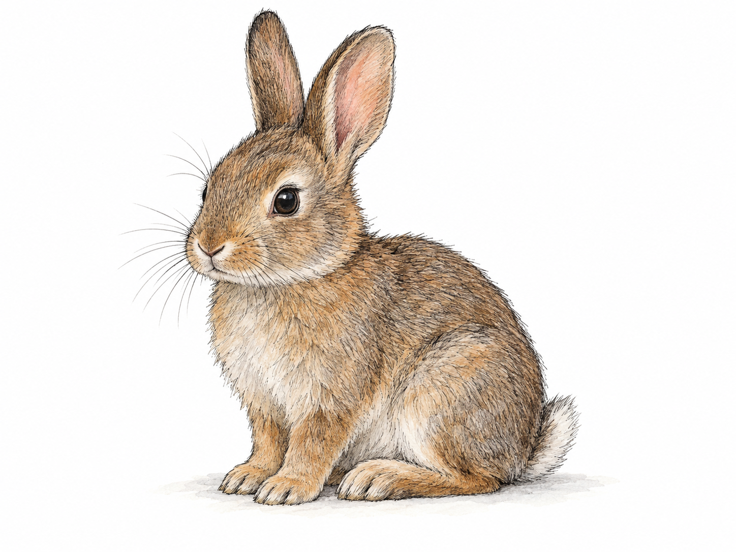 One small young rabbit sitting in three-quarter view, with upright ears, a compact fluffy body, short forepaws, a folded hind leg and a visible round tail.
