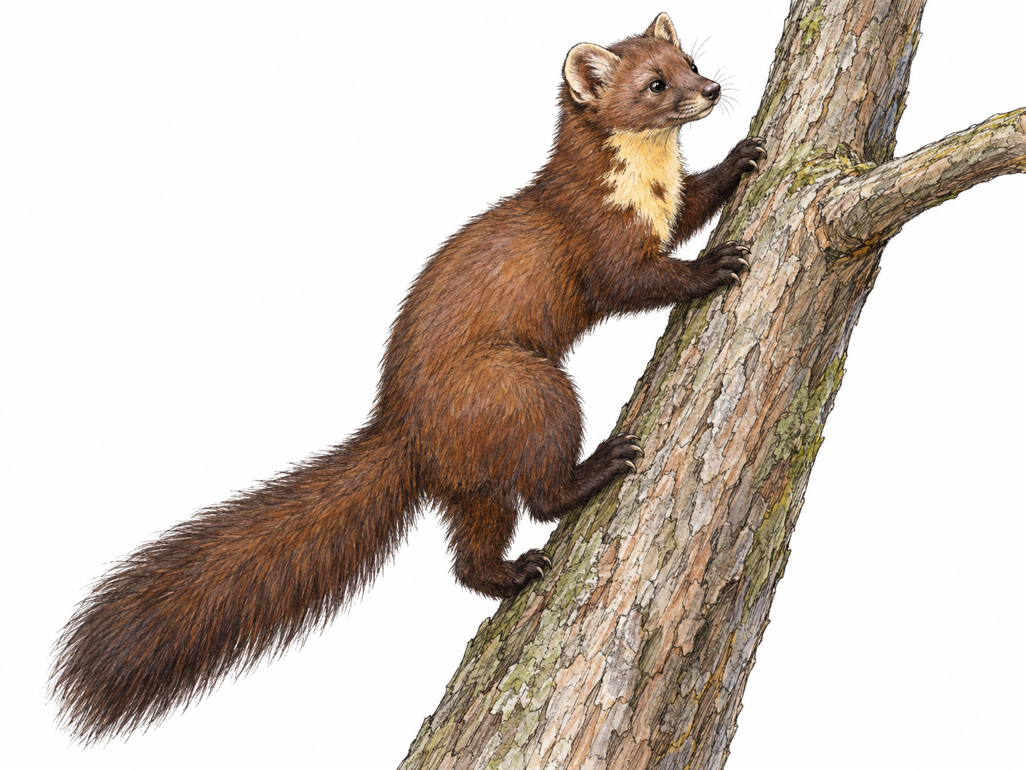A single pine marten climbing a tree trunk toward a branch, with its slender body, rounded ears, cream throat bib and long bushy tail clearly visible.