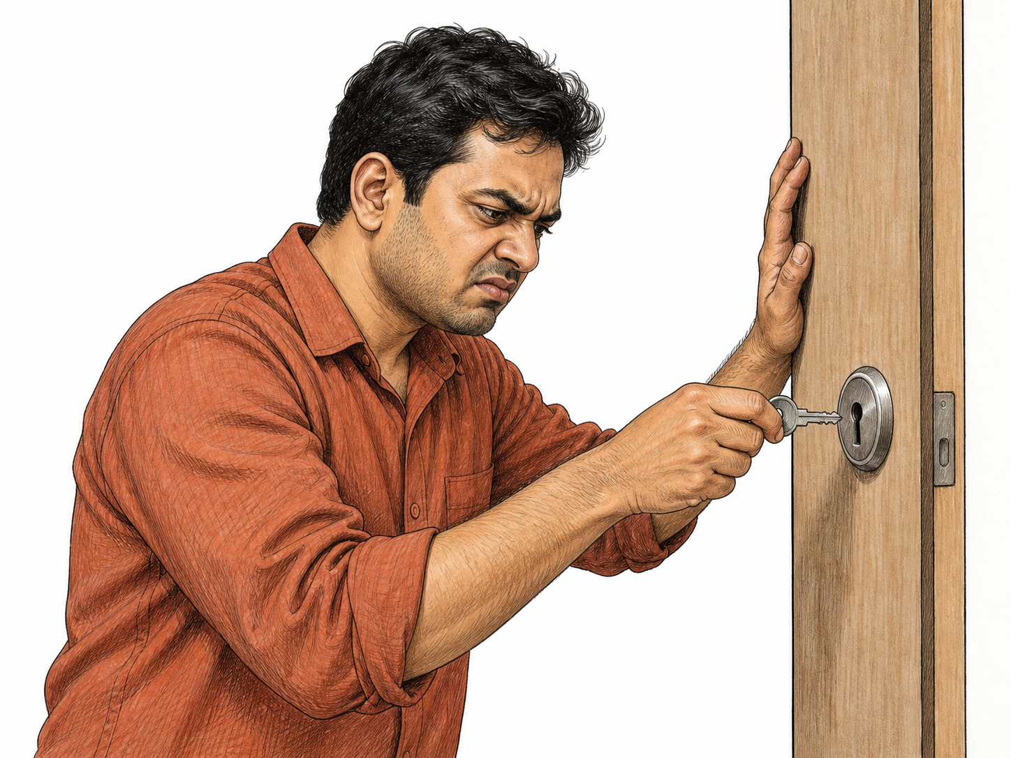 A person frowns in frustration while the wrong key fails to fit a plain door lock, one hand holds key at the keyhole and other rests tensely against the small door edge; no damaged door or text.