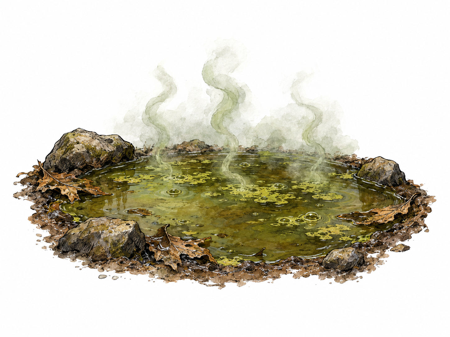 A shallow stagnant pool with rotting leaves releases a low, unpleasant-looking haze, making an unhealthy vapor the unmistakable focus.