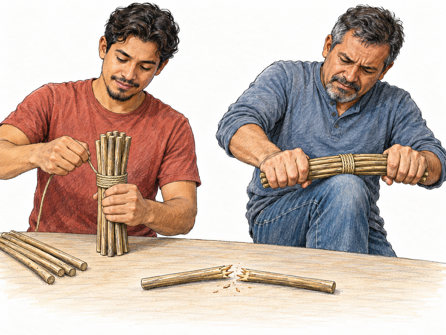 Loose slender wooden rods are bound together into one sturdy bundle.