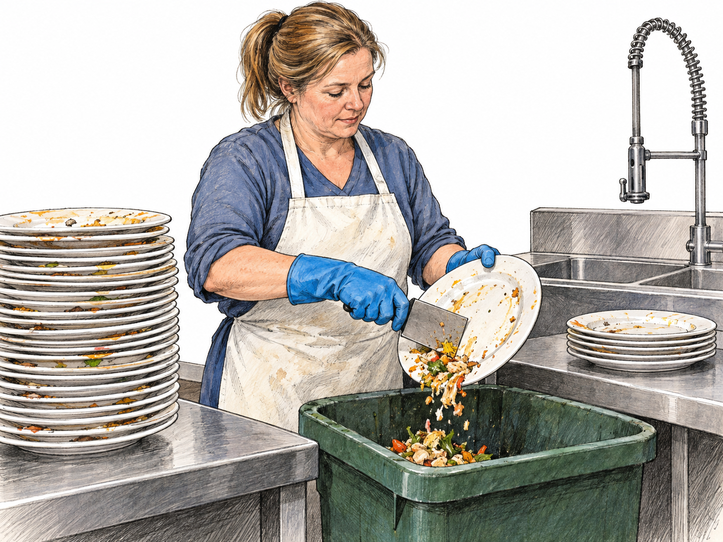 A cafeteria worker performs repetitive back-of-house cleanup, scraping leftover food from a succession of identical used plates into a waste bin.