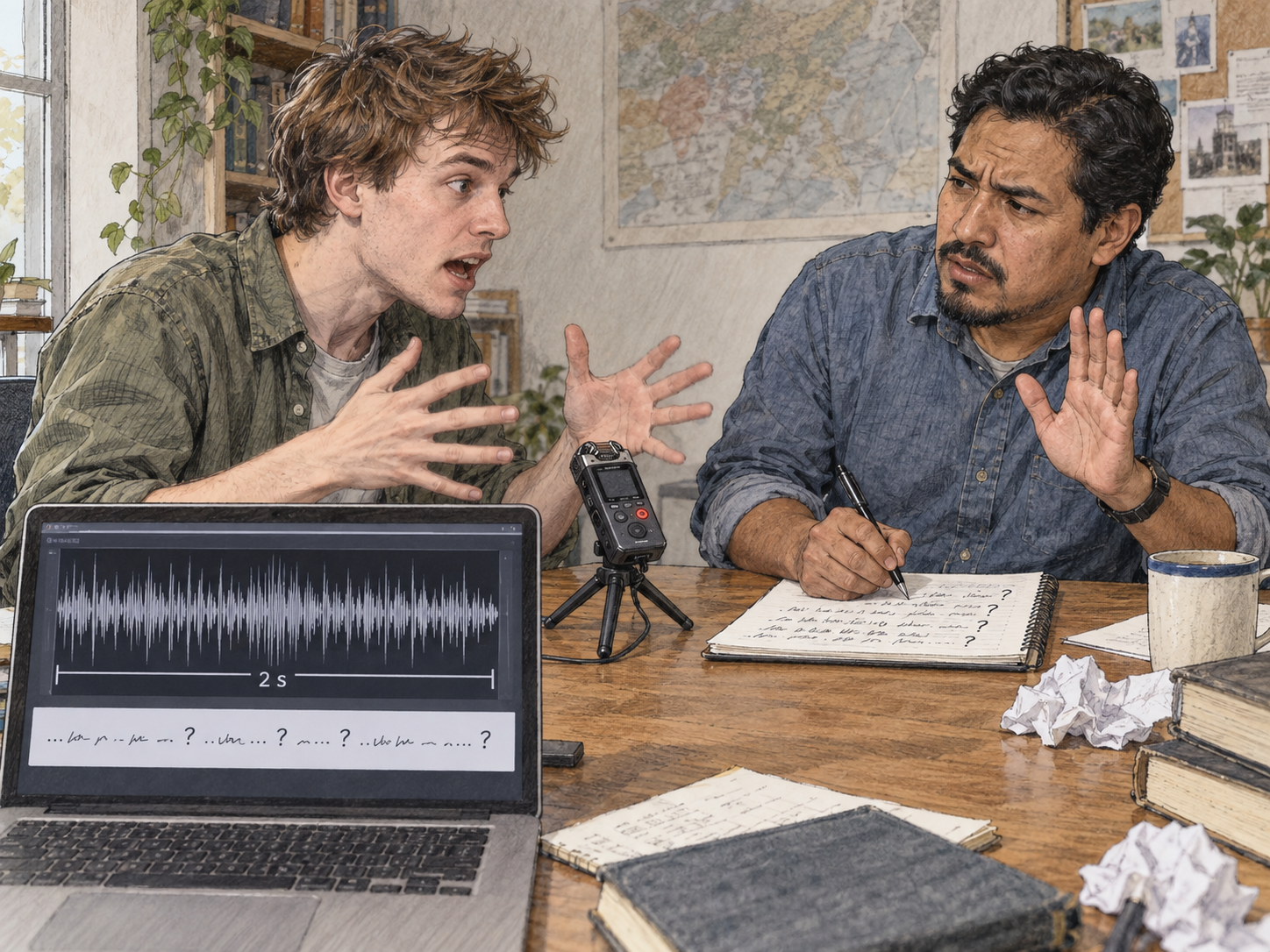 A rapid speaker overwhelms a listener taking notes.