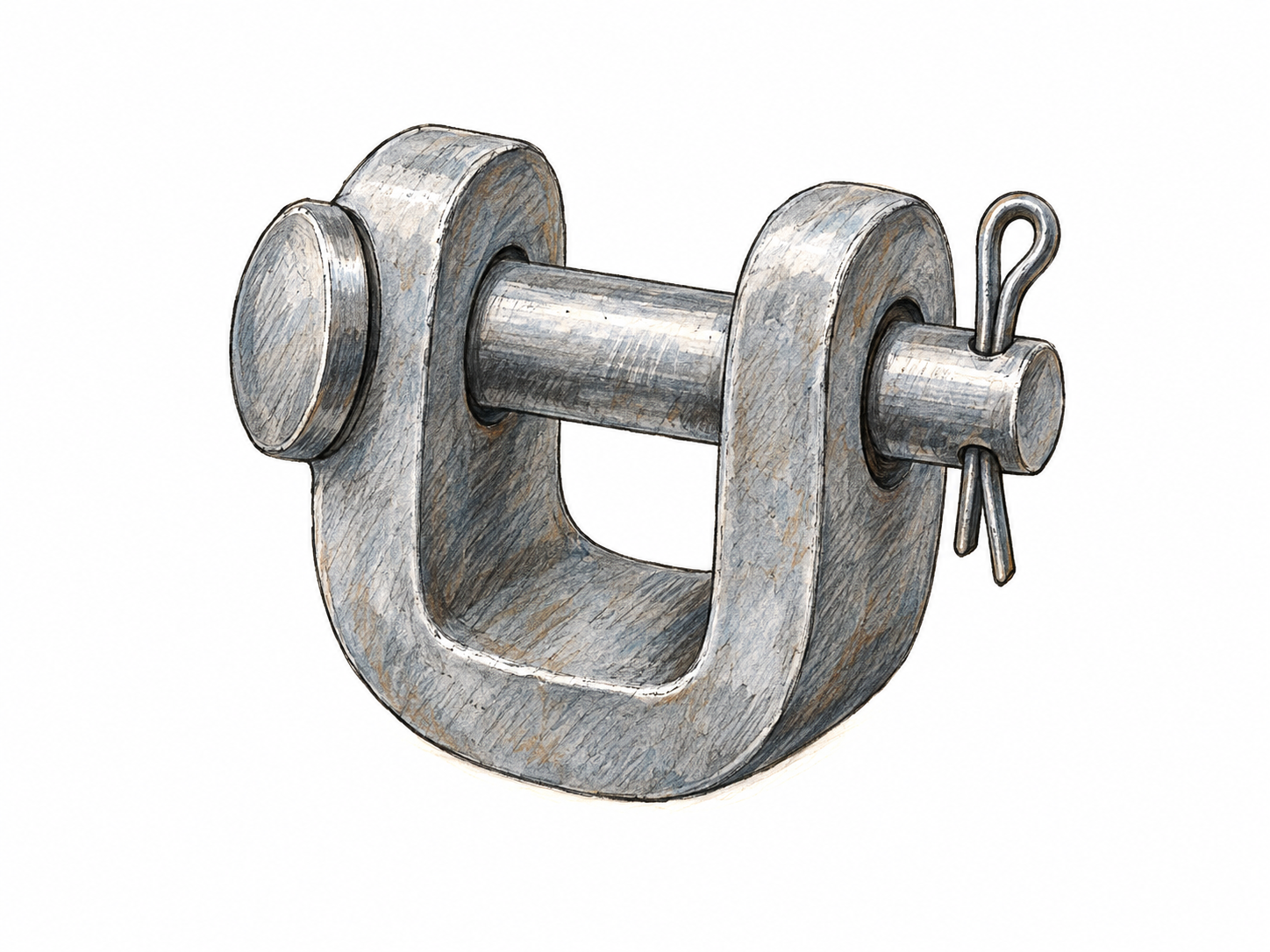 A single steel clevis shown in three-quarter view, with its U-shaped body and the transverse pin securing its two open ends clearly visible.