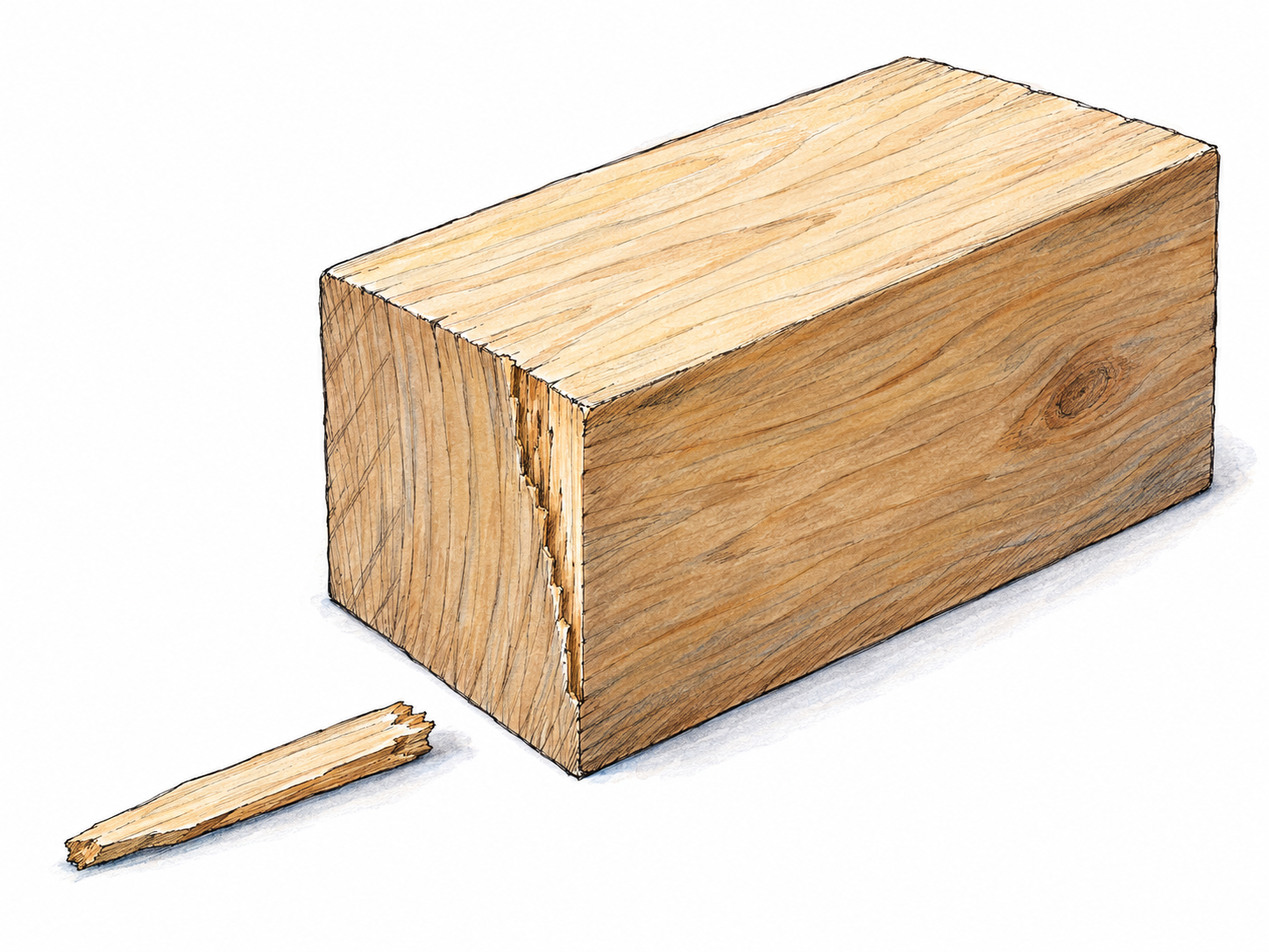 A small, very thin splinter of wood lies beside a much larger wooden block, with its tapered shape visibly matching a fresh narrow break along the block's edge.
