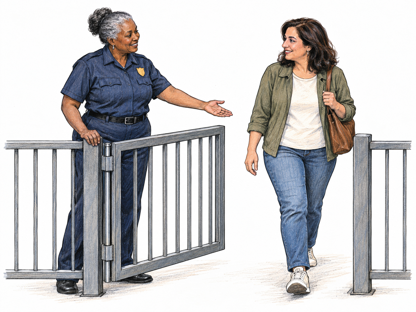 A security attendant opens a pedestrian barrier and gives a clear welcoming hand gesture, allowing a waiting visitor to pass through.