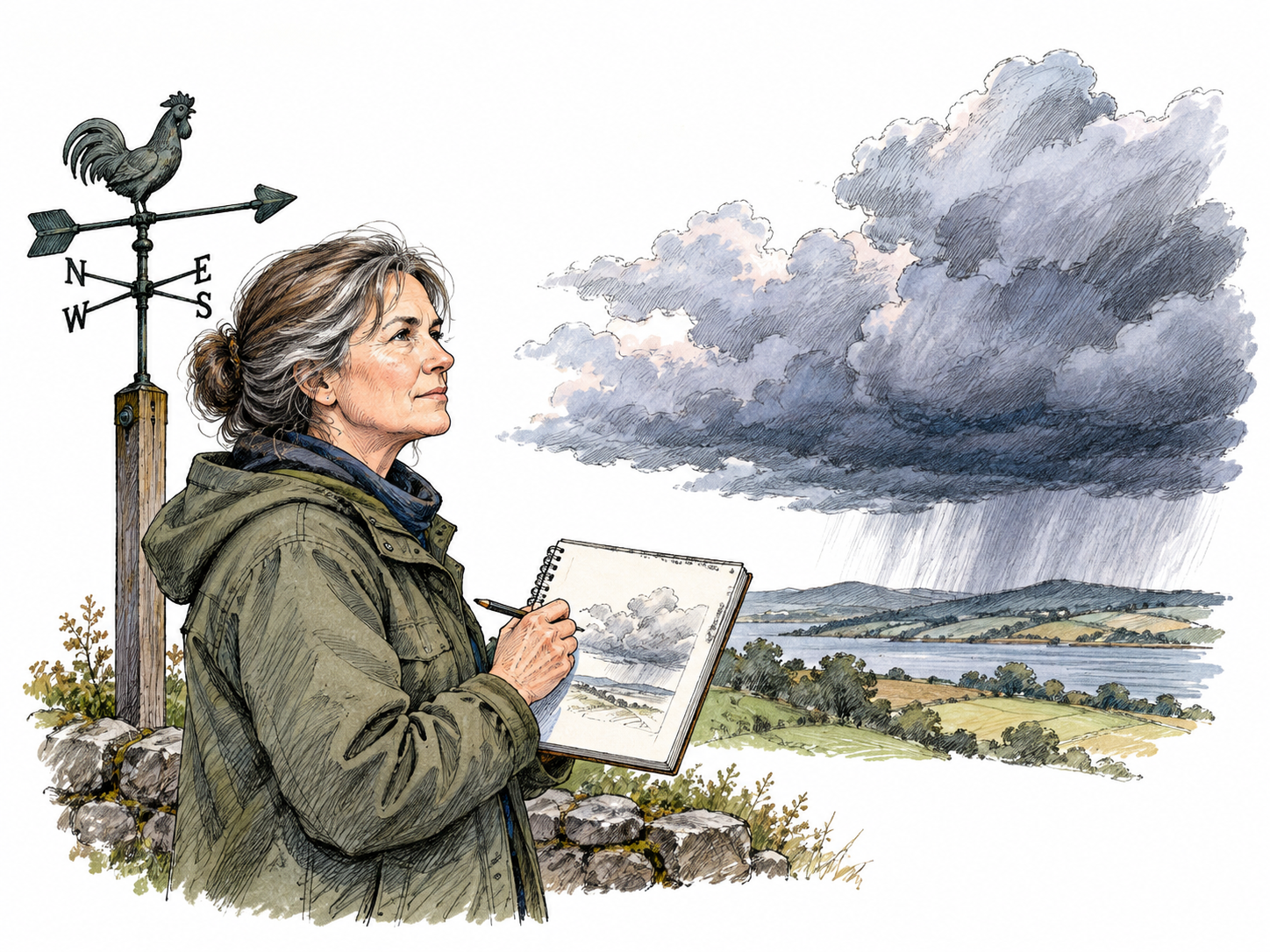 A weather observer sketches an expected approaching storm from current clouds and a simple wind vane; a forecast of what will happen, no prophecy or written prediction.