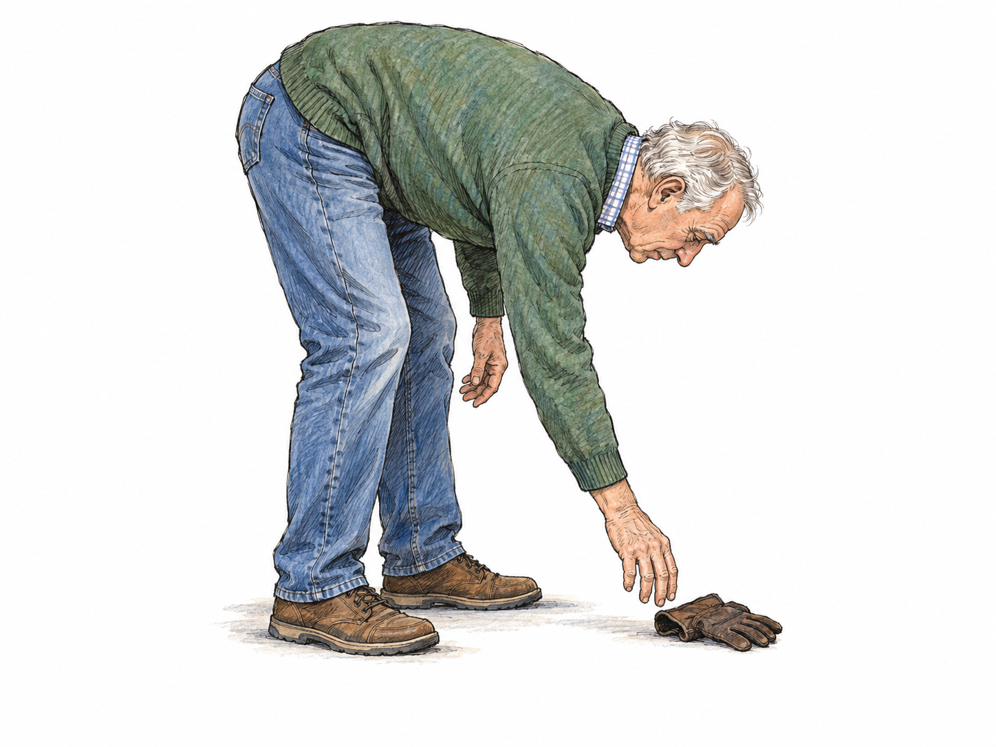 Side view of a standing man bending his torso forward and downward to pick up a dropped glove, with his hips high and knees only slightly bent so the stooping posture is unmistakable.