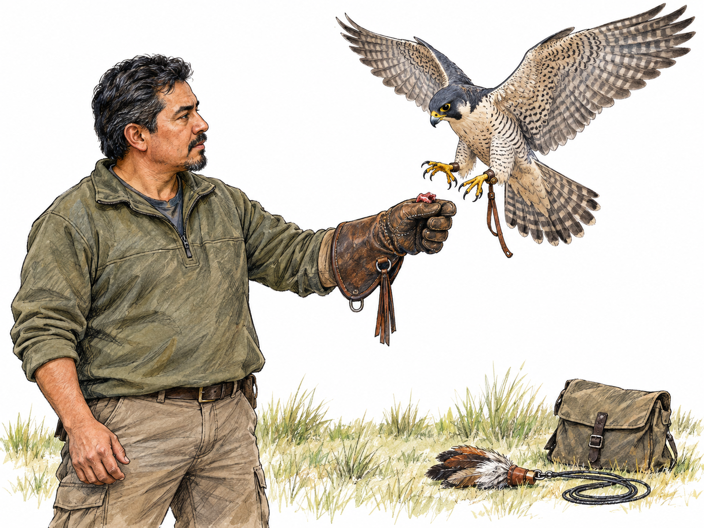 A falconer practices a field recall: a falcon brakes with spread wings to land on his raised leather gauntlet, where he offers a small meat reward.