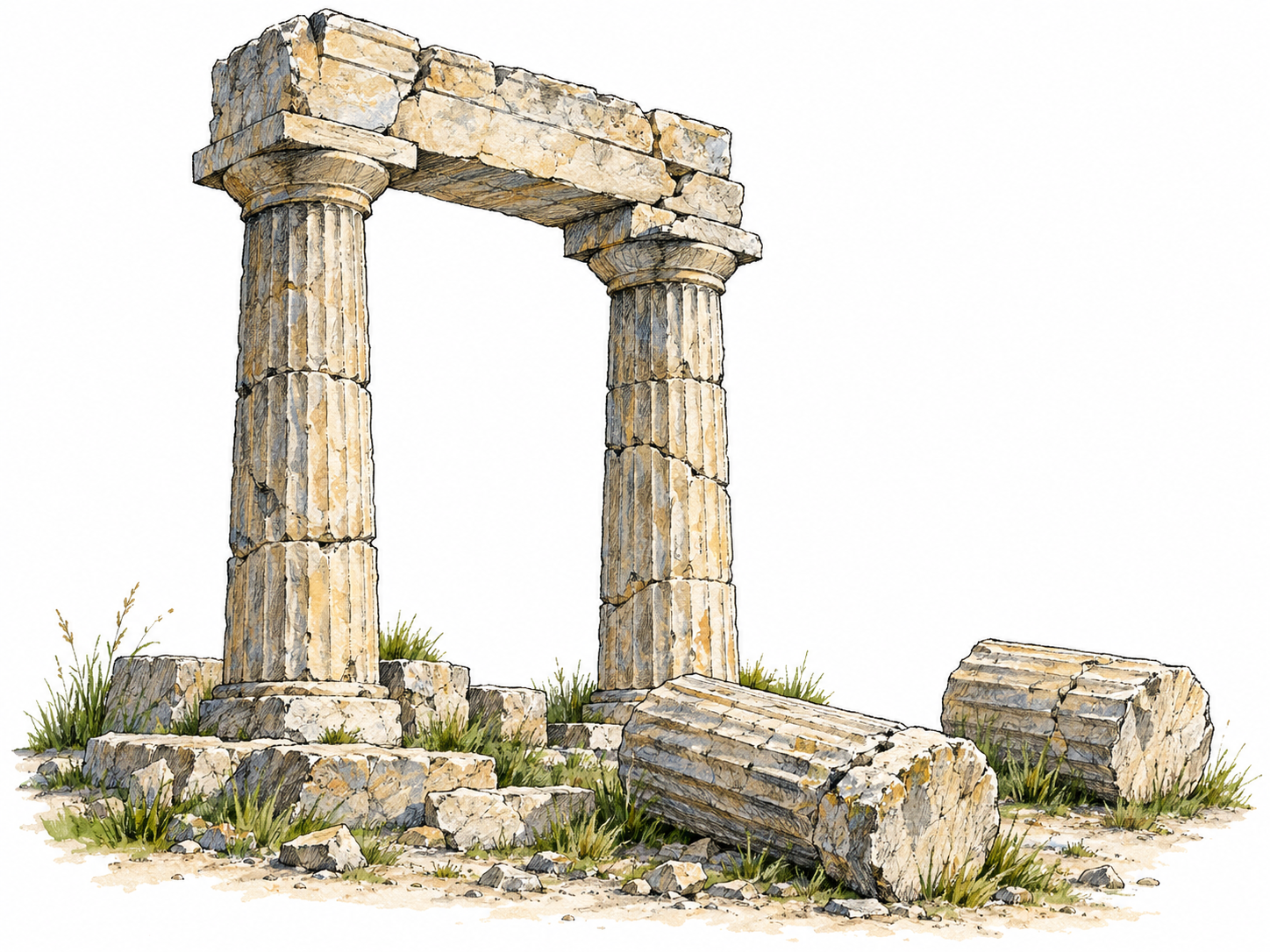A small cluster of weathered ancient Greek temple ruins: two standing stone columns supporting a broken lintel, with fallen column drums nearby.