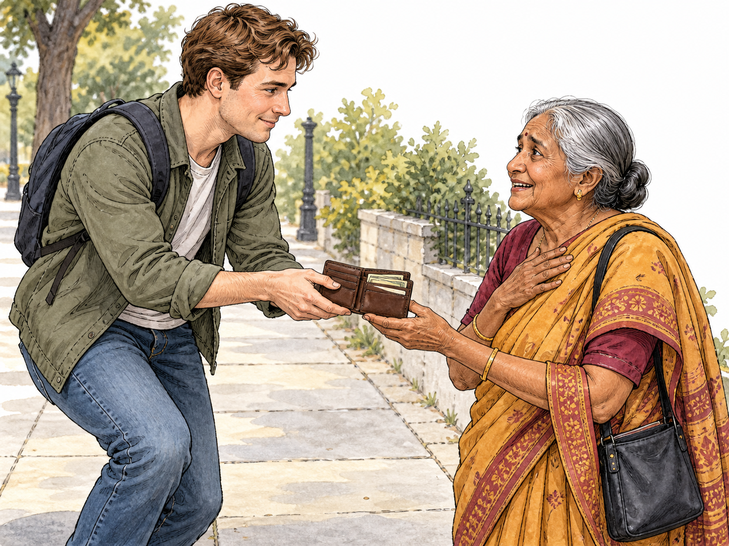 A young white man returns a dropped wallet intact to an elderly South Asian woman, who receives it with relief on a quiet sidewalk.