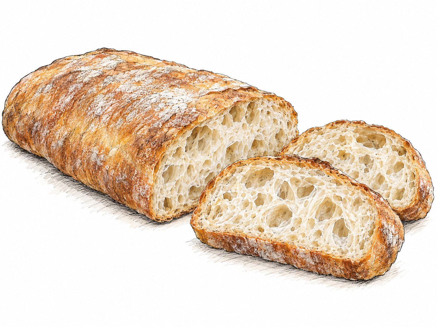 A low, elongated ciabatta loaf with a lightly flour-dusted golden crust, cut across one end to reveal pale crumb with large, irregular air pockets; two thick slices rest beside it.