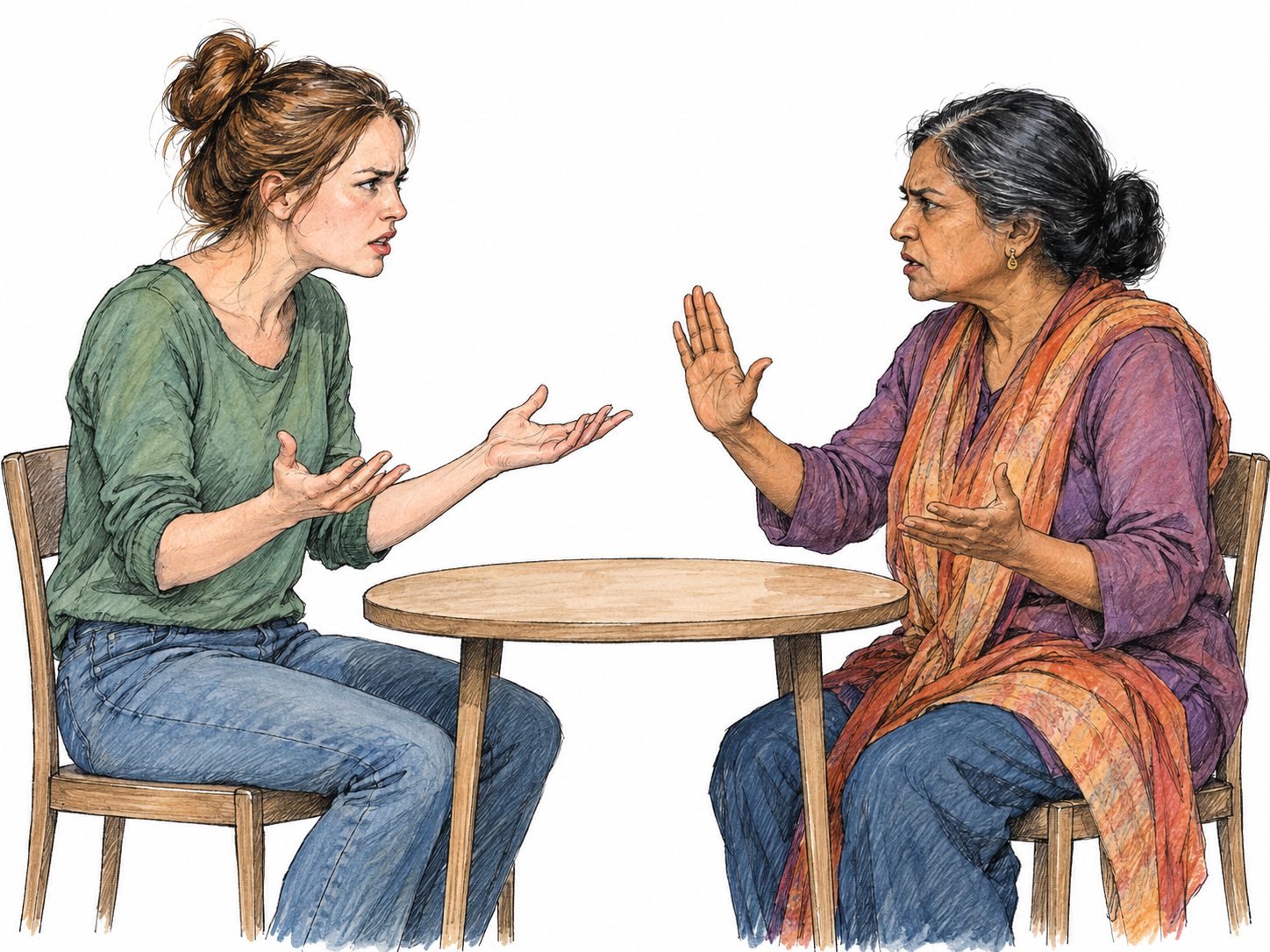 Two women face one another across a small table during a serious disagreement, with tense expressions and opposing hand gestures.