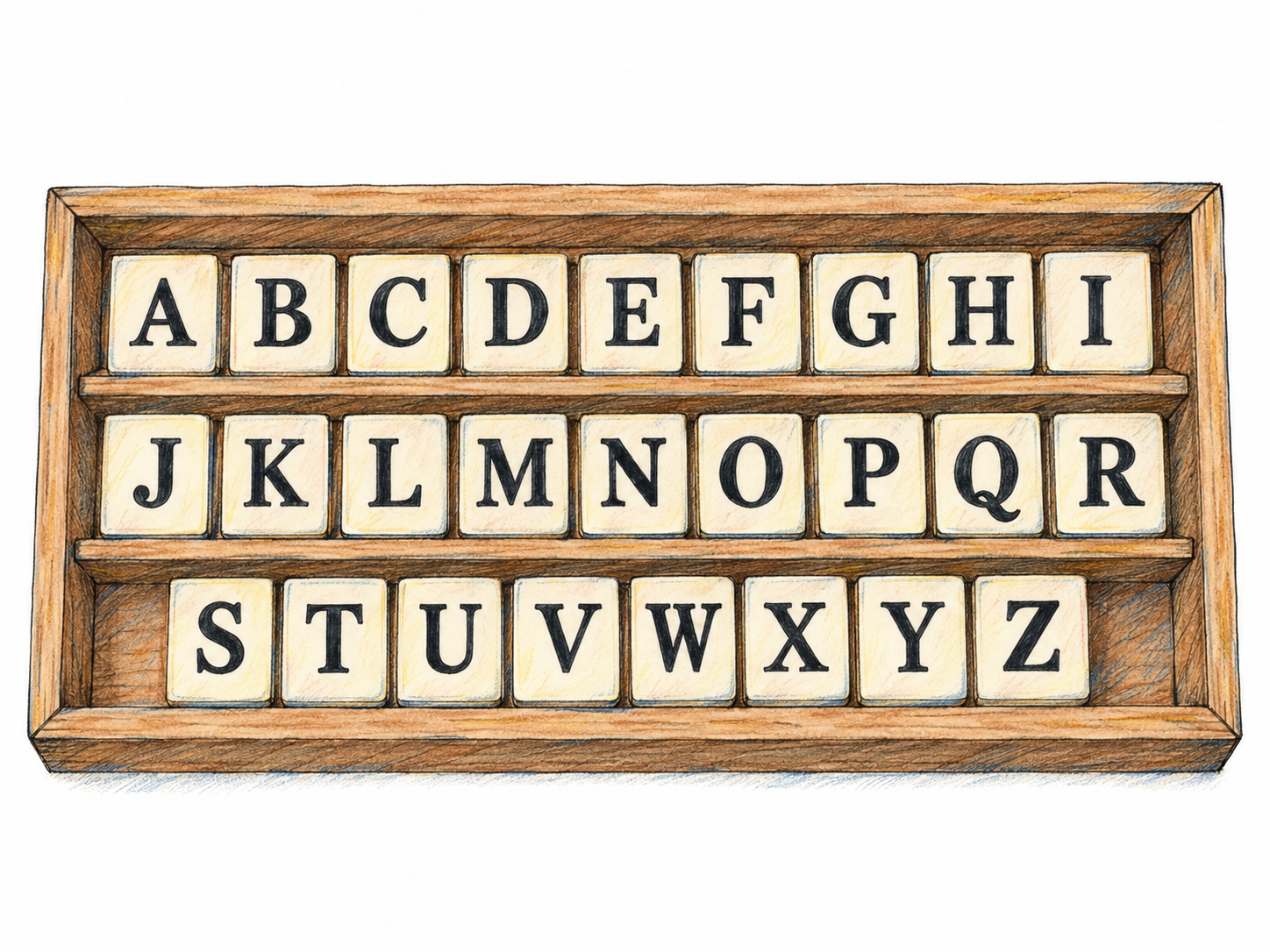 A simple wooden letter tray displaying the complete English alphabet in customary order, with each uppercase letter on its own tile.